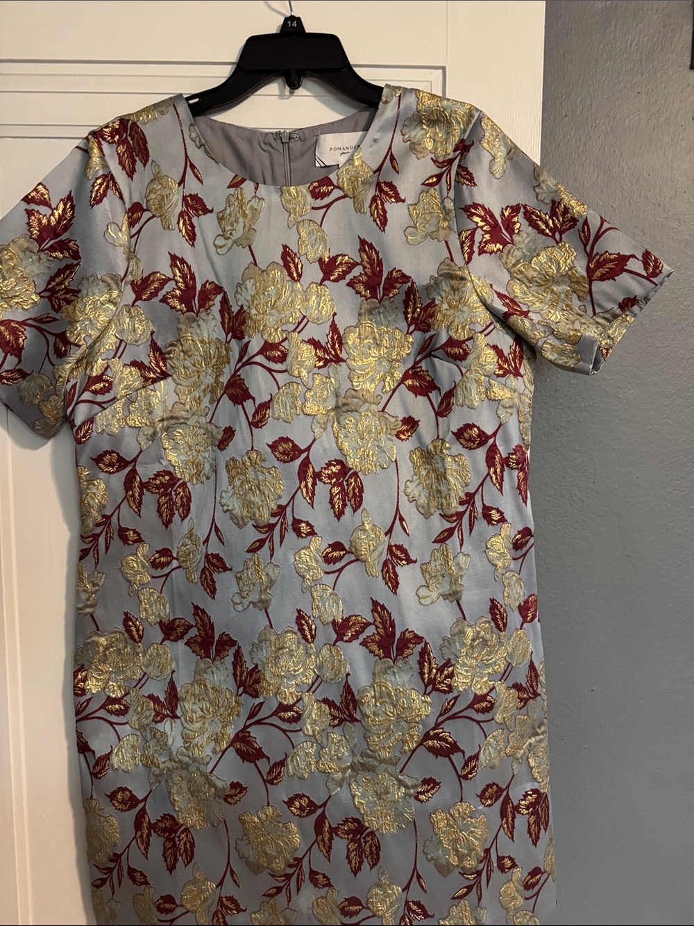 Light Blue Floral Brocade Mini Dress with Gold and Burgundy Accents